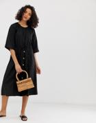Asos Design Button Front Linen Midi Dress-black