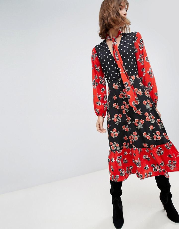 Neon Rose Maxi Dress With Tie Neck In Mixed Print - Black