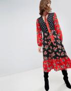 Neon Rose Maxi Dress With Tie Neck In Mixed Print - Black