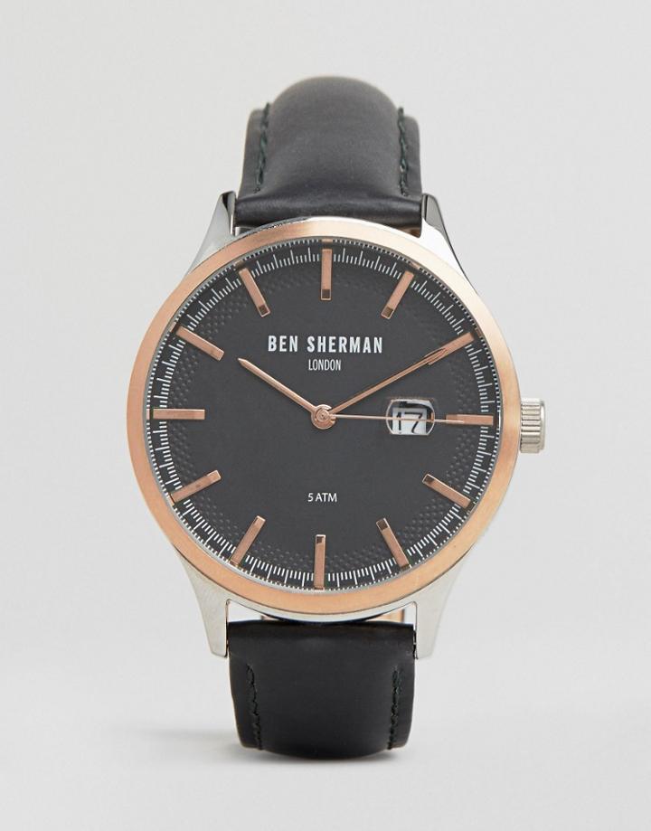 Ben Sherman Black Leather Watch With Rose Gold Detail - Black