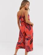 Qed London Culotte Jumpsuit With Tie Back Detail In Tropical Print-orange