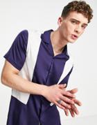 Asos Design Relaxed Shirt In Satin With Contrast Panels-navy