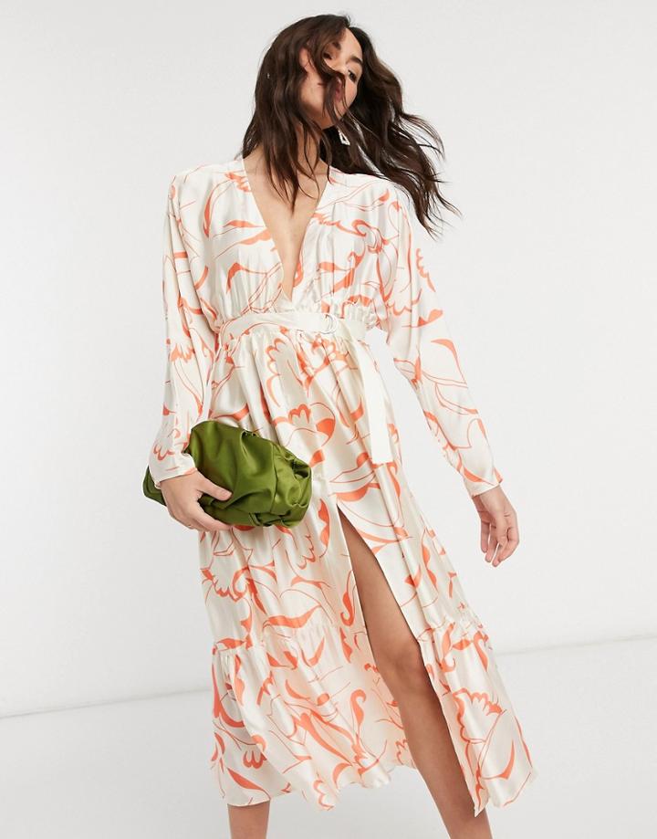 Asos Design Satin Wrap Tiered Maxi Dress In Abstract Print-multi