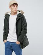 Solid Parka With Faux Fur Hood In Khaki - Green