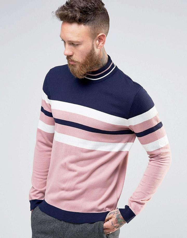 Asos High Neck Sweater With Retro Stripes - Navy