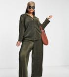 Asos Design Curve Plisse Wide Leg Beach Pants In Khaki -set-green