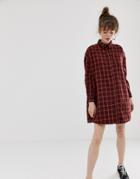 Daisy Street Shirt Dress In Heavy Flannel Grid Check - Red