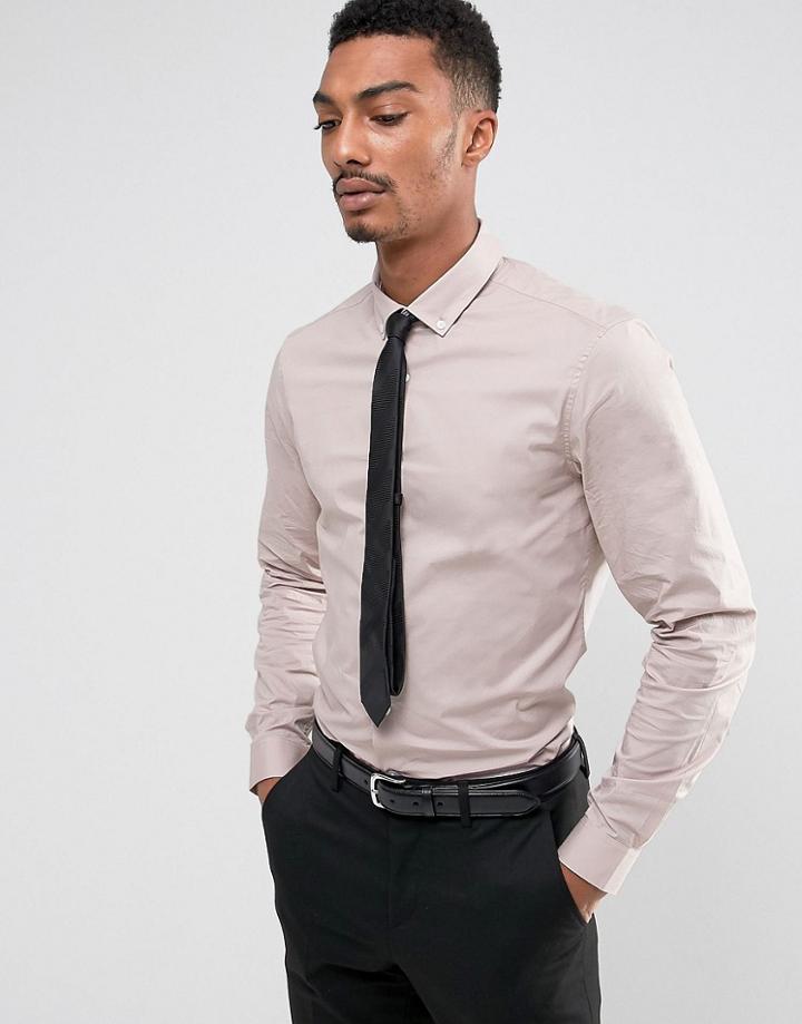 Asos Slim Shirt With Stretch And Button Down Collar In Dusty Pink - Pink