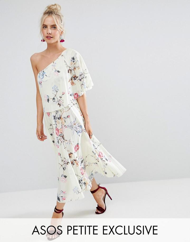 Asos Petite Floral One Shoulder Pleated Midi Dress - Multi