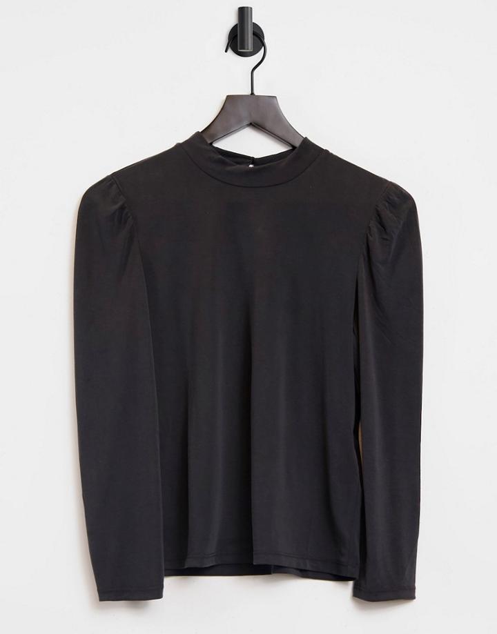 Only Puff Shoulder Detail Rib Top In Black