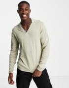 Asos Design Knitted Cotton Revere Polo Sweater In Stone-neutral