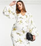 True Violet Maternity Balloon Sleeve Pencil Midi Dress In Ivory Floral-white