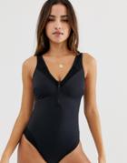Asos Design 'sculpt Me' Control Mesh Insert Zip Detail Supportive Swimsuit In Black