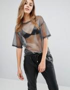 Pull & Bear Sheer Mesh Metallic Tee - Gray