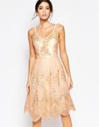 Chi Chi London Premium Metallic Lace Midi Prom Dress With Cami Straps - Rose Gold