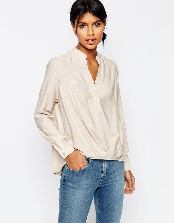 Asos Casual Tuck Detail Blouse In Linen Mix - Stone
