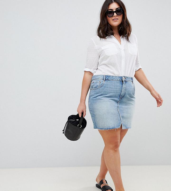 Asos Design Curve Denim Pelmet Skirt In Lightwash Blue