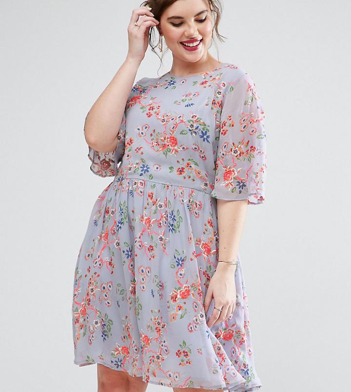 Asos Curve Premium Pretty Skater Dress With Sheer Fluro Floral Embroidery - Multi