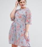 Asos Curve Premium Pretty Skater Dress With Sheer Fluro Floral Embroidery - Multi
