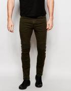 Asos Super Skinny Jeans With Biker Details In Khaki - Forest Night