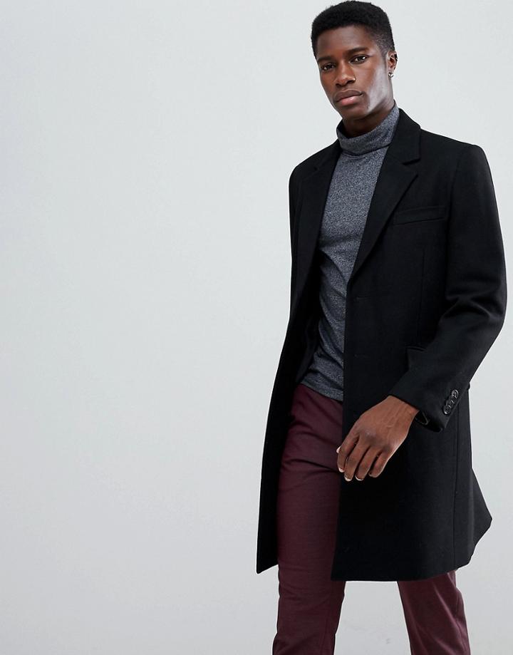 Asos Design Wool Mix Overcoat In Black