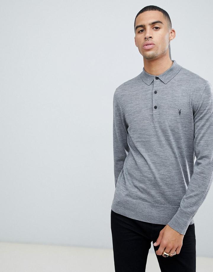 Allsaints 100% Merino Long Sleeve Polo In Gray Marl With Ramskull Logo - Gray