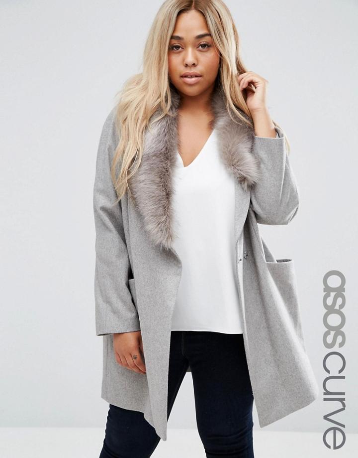 Asos Curve Coat With Asymmetric Detachable Fur Collar - Gray