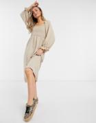 New Look Shirred Square Neck Midi Dress In Camel-neutral