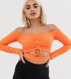 Asos Design Petite Ruched Front Bardot Top In Rib - Orange