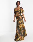 Asos Design Pleated Twist Back Cap Sleeve Maxi Dress In Mustard Floral Print-multi