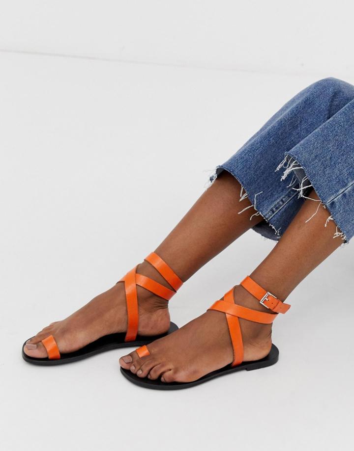 Asos Design Finer Leather Toe Loop Minimal Flat Sandals - Orange