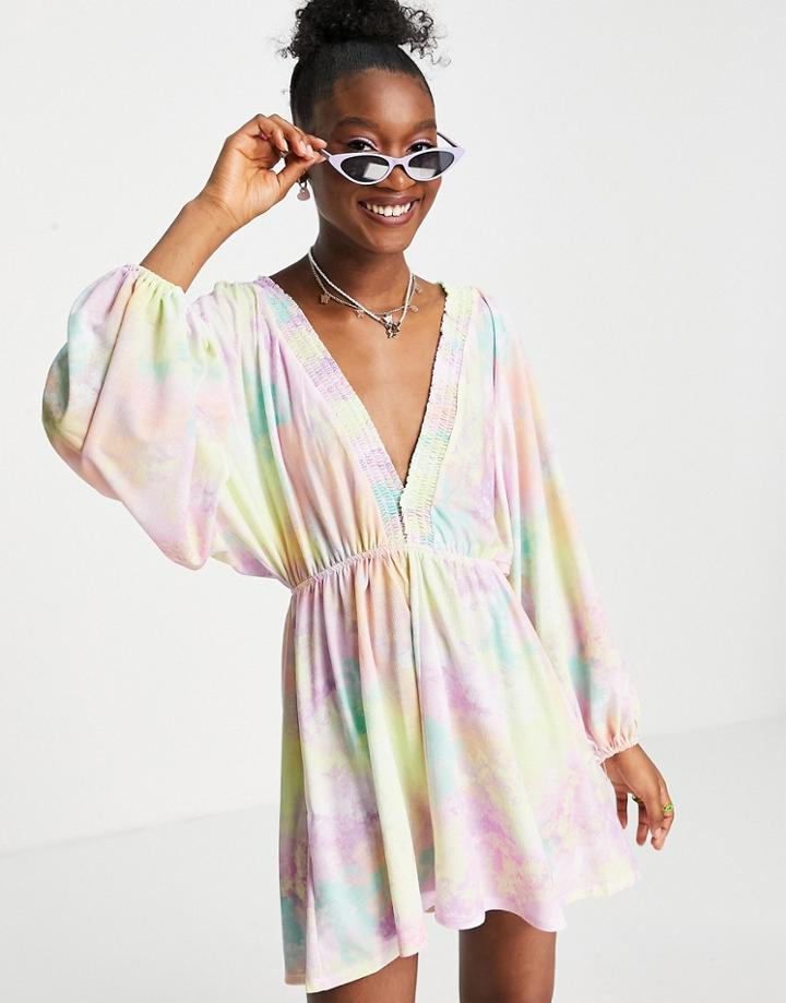 Asos Design Volume Sleeve Mini Dress With Shirred Neckline In Pastel Tie Dye Print-multi