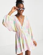 Asos Design Volume Sleeve Mini Dress With Shirred Neckline In Pastel Tie Dye Print-multi