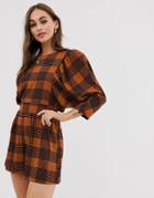 Asos Design Check Print Puff Sleeve Romper With Tie Waist-multi