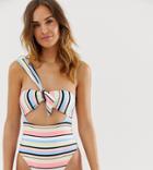 River Island One Shoulder Swimsuit With Knot Front In Stripe - Multi