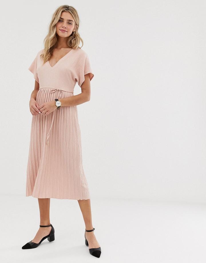 Asos Design Textured V Neck Midi Skater Dress With Pleated Skirt - Pink