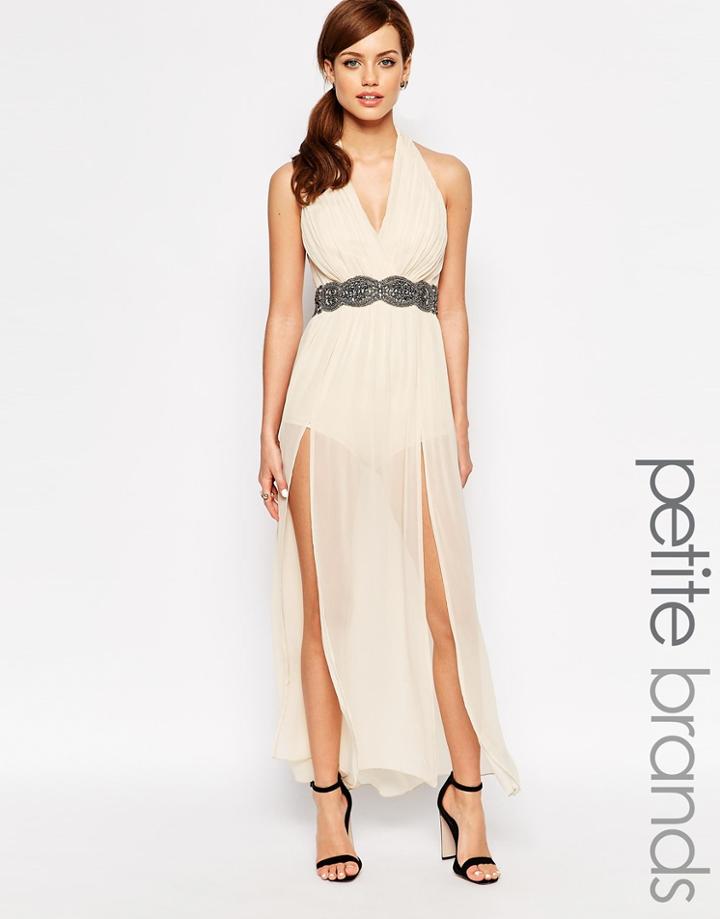 Little Mistress Petite Halterneck Maxi Dress With Embellished Waist Detail - Cream
