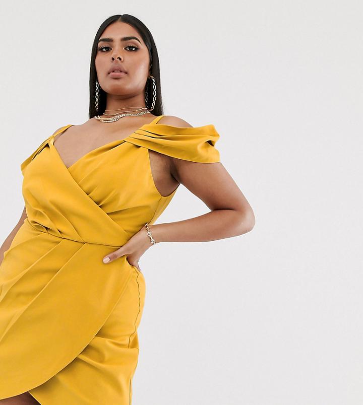 Club L London Plus Asymmetric Cold Shoulder Mini Dress In Yellow