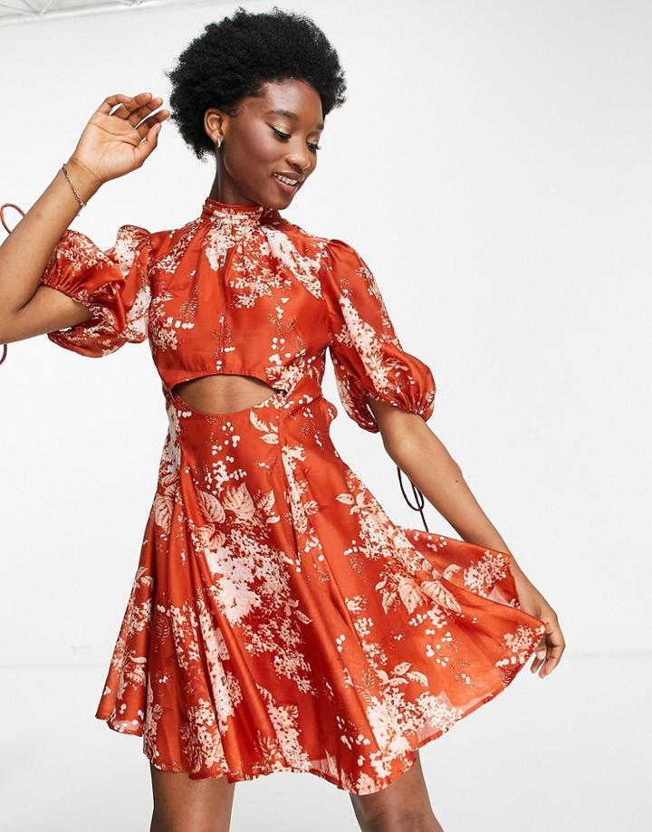 Asos Design High Neck Voile Mini Dress With Cut Out Detail In Rust Blurred Floral-multi