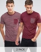 Brave Soul 2 Pack Pocket T-shirt In Stripe - Red