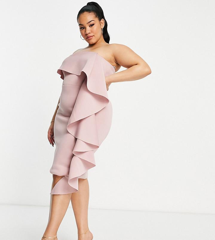 Lavish Alice Plus One Shoulder Bardot Frill Scuba Midi Dress In Dusty Pink