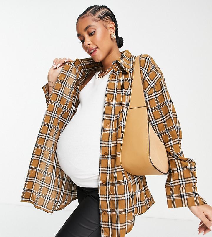 Missguided Maternity Checked Shirt In Brown