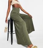 Asos Design Tall Jersey Palazzo Beach Pants In Khaki-green