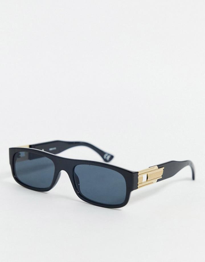 Asos Design Rectangle Sunglasses In Black Plastic With Gold Arm Detail