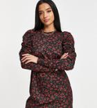 River Island Petite Floral Puff Sleeved Mini Dress In Black-red