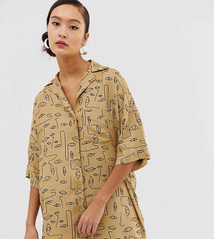 Monki Two-piece Face Print Oversized Blouse In Beige - Beige