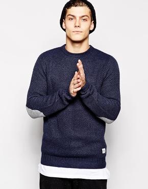 Bellfield Basket Weave Crew With Contrast Elbow Patch - Navy