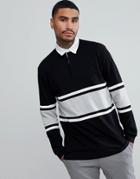 Asos Relaxed Long Sleeve Rugby Polo Shirt With Contrast Panelling In Black - Black