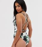 Asos Design Petite Rouleaux Tie Back Swimsuit In Oversized Palm Print - Multi