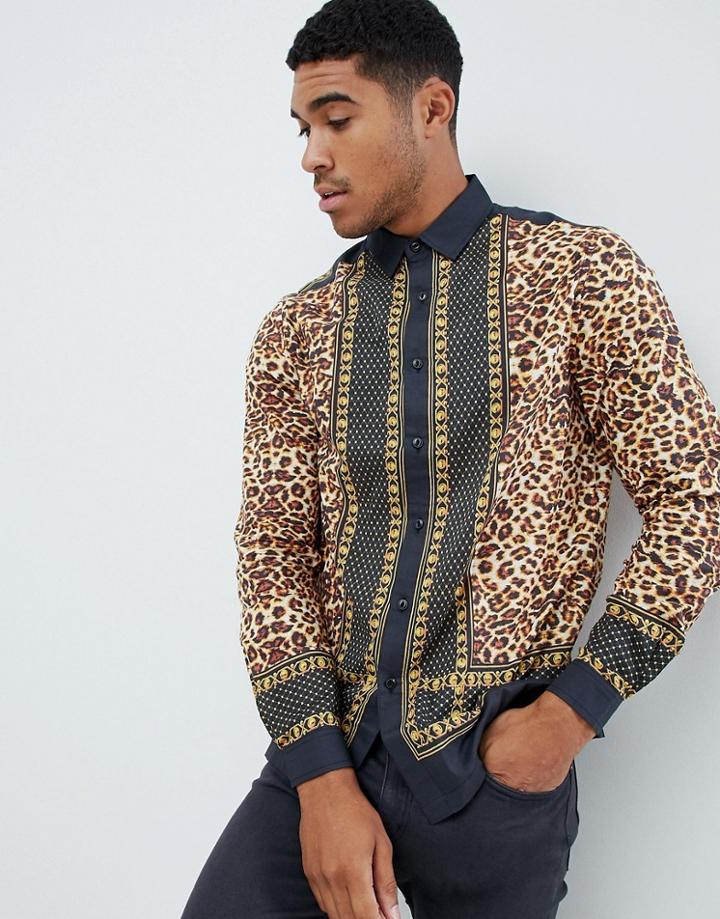 Asos Design Regular Fit Leopard Border Print Shirt In Viscose - Black